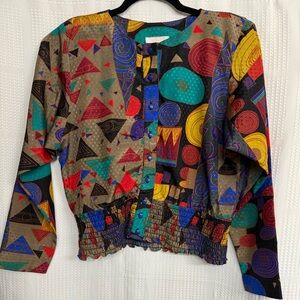 Vintage 80s Susan Freis MultiColor Geometric 2 Piece Blouse and Skirt Set